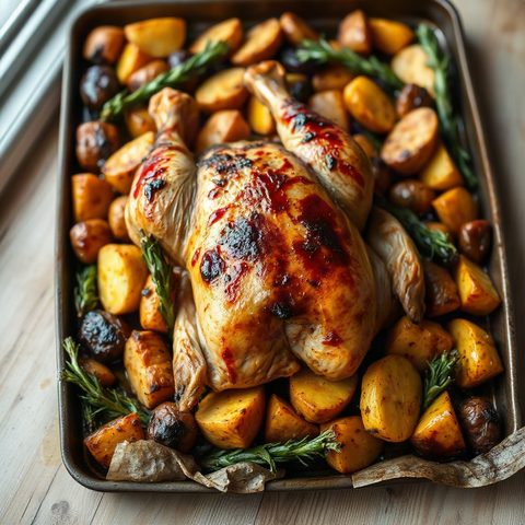 Poulet rôti entier à la courge musquée et pommes de terre