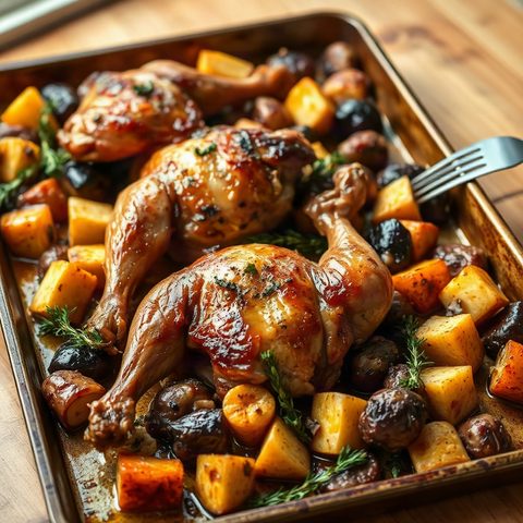 Ailes de poulet glacées miel-ail et légumes rôtis