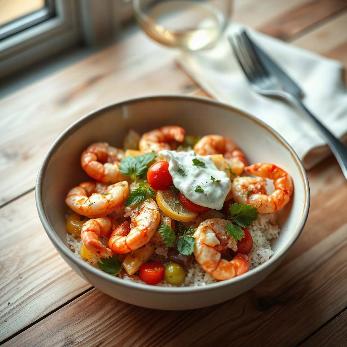 Garlic Argentine Shrimp Bowl with Lemon Rice and Tzatziki