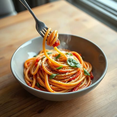 Pâtes au coulis de tomate, feta et épinards