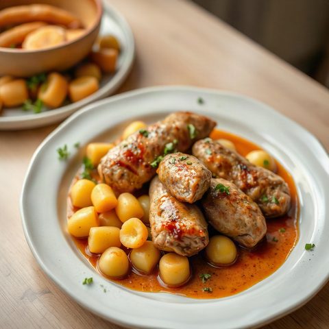 Poêlée de saucisses de poulet, minipoivrons et gnocchis dorés