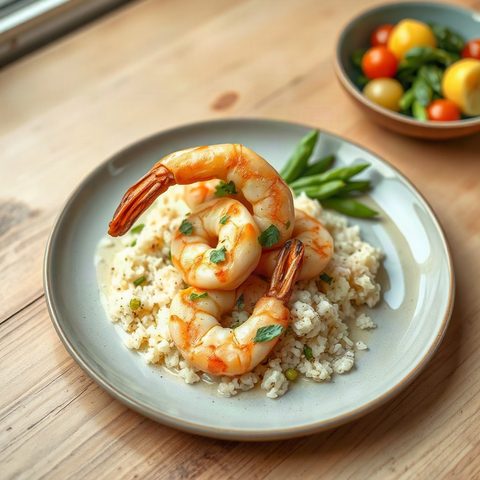 Crevettes sautées à l'ail et au citron sur riz aux poireaux
