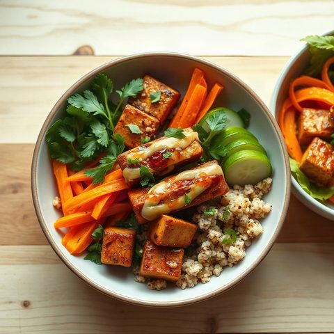 Bols de tofu laqué au quinoa, concombre et carotte