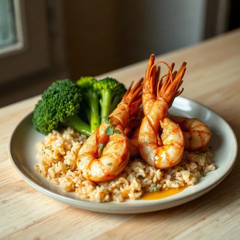 Crevettes à l'ail et au beurre, riz et brocoli