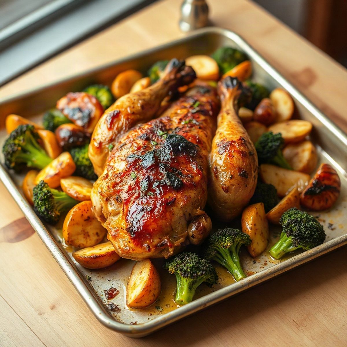 Poulet rôti sur plaque au brocoli et à la courge