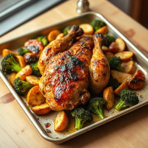 Poulet rôti sur plaque au brocoli et à la courge