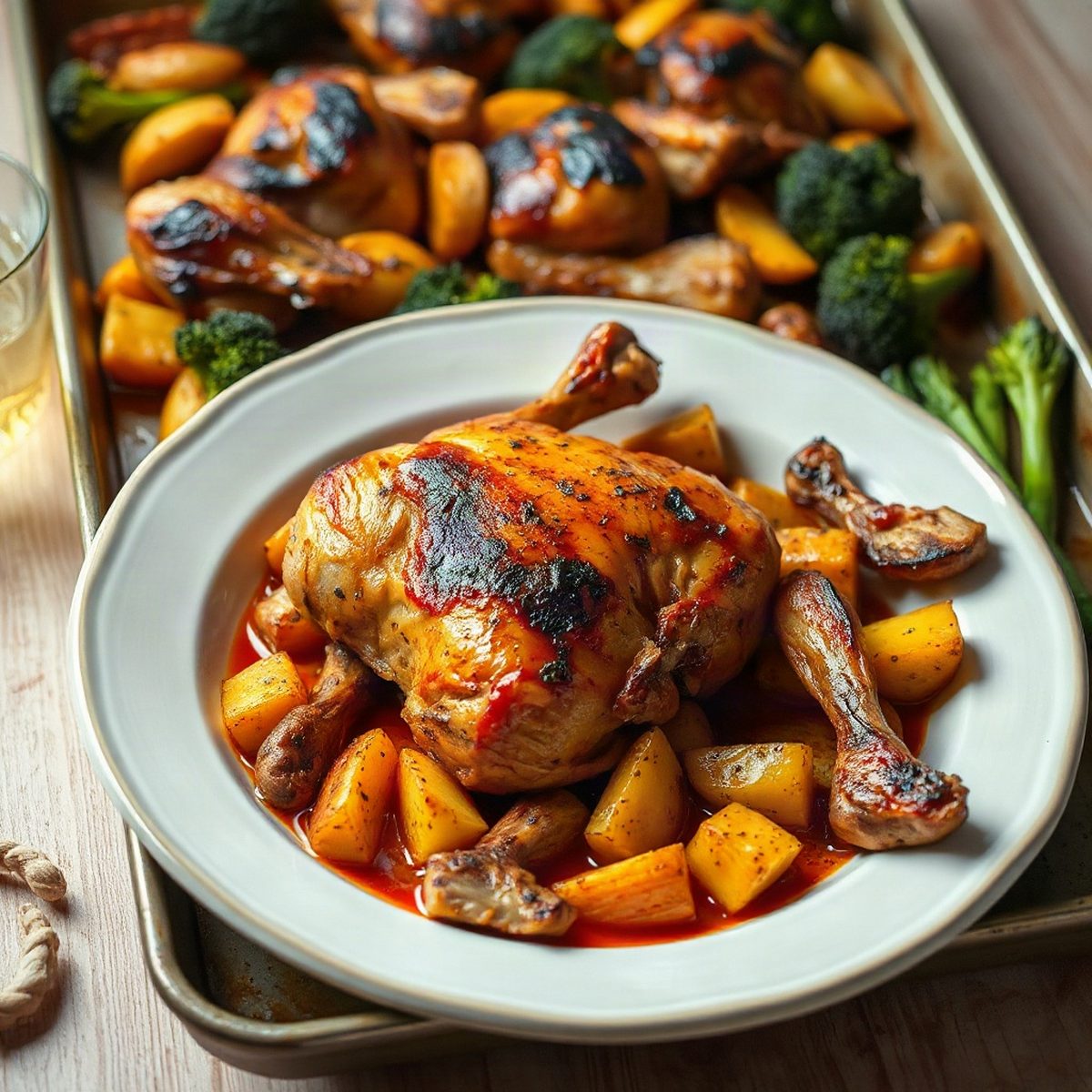 Smoked paprika roasted chicken drumsticks with potatoes and broccoli
