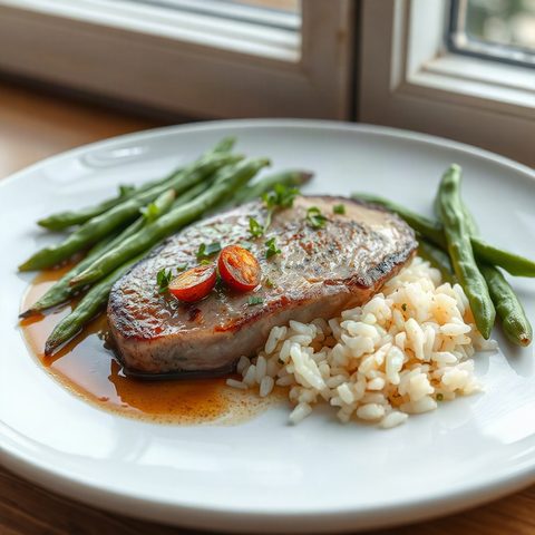 Filet de porc laqué à l'érable, riz et haricots verts