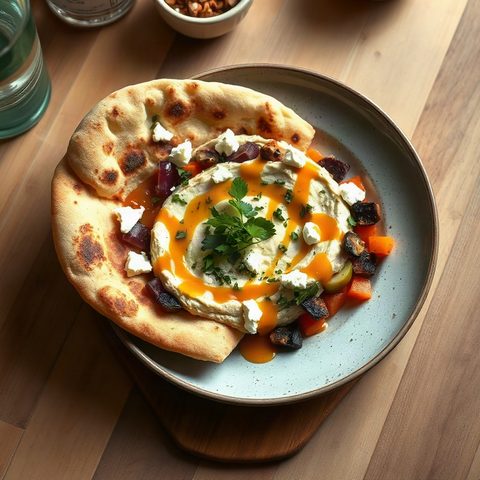Naan au hummus, feta et légumes croquants