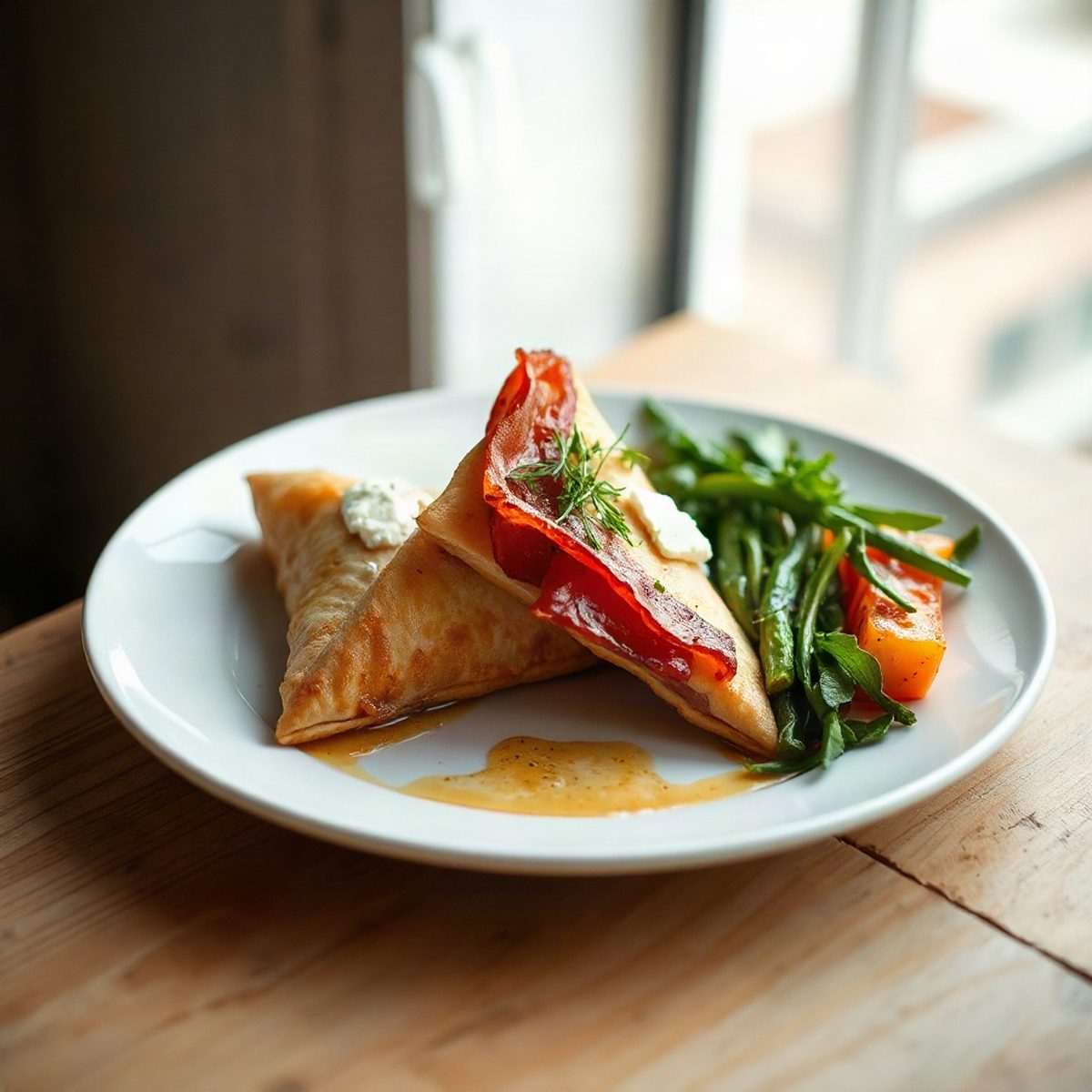 Crispy Phyllo Triangles with Ham, Spinach and Feta