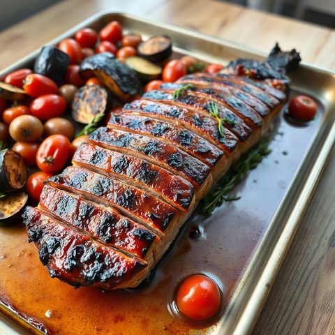 Filet de porc grillé, aubergines rôties et tomates cerises