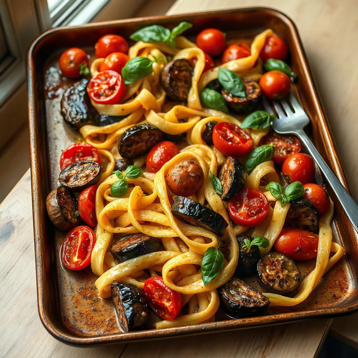 Pappardelle with Roasted Eggplant and Basil Tomatoes