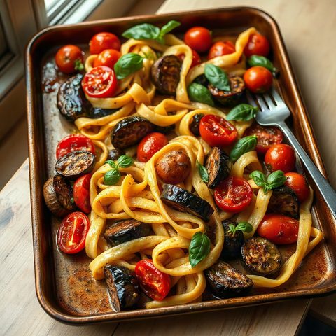Pappardelle aux aubergines rôties et tomates au basilic