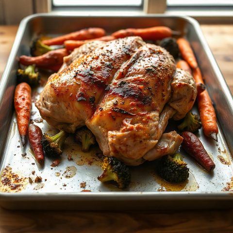 Poulet grillé au miel et paprika fumé, carottes et brocolis rôtis