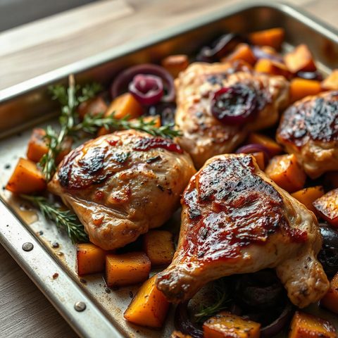 Cuisses de poulet rôties au beurre d'épices, courge butternut et oignons rouges
