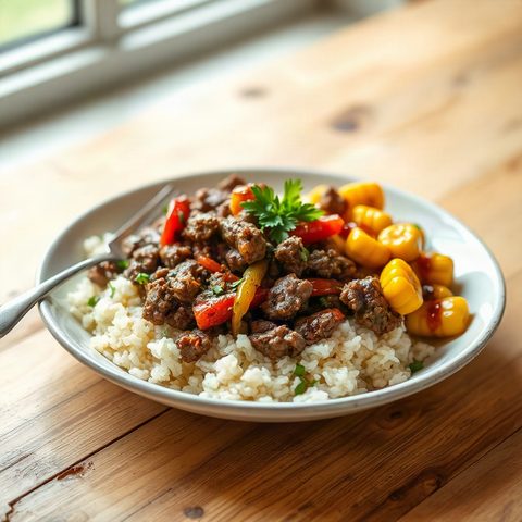 Poêlée de bœuf haché aux poivrons et maïs sucré sur riz