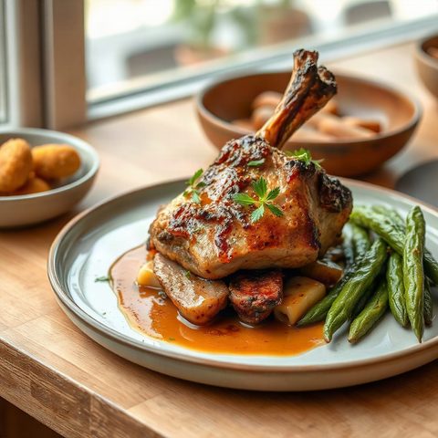 Porc effiloché BBQ en cocotte, haricots verts croquants