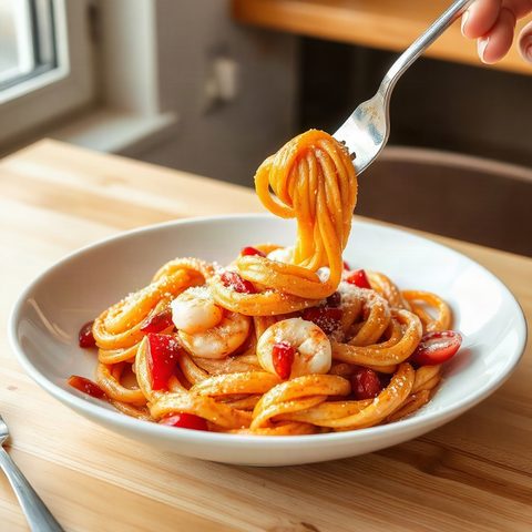 Pâtes aux crevettes, tomates fraîches et poivrons