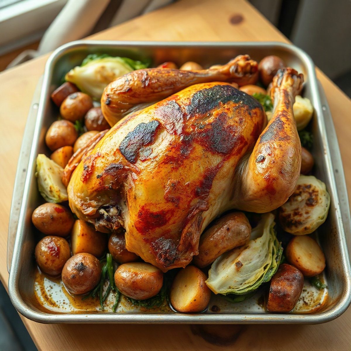 Whole Roasted Chicken with Green Cabbage and Potatoes
