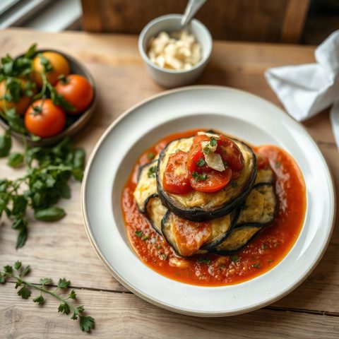 Gratin d'aubergines au coulis de tomates et emmental