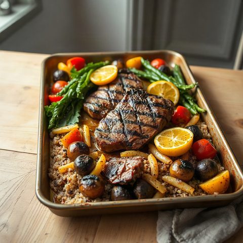 Bavette de bœuf grillée, quinoa et poivrons rôtis au citron