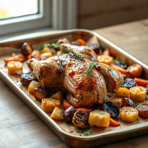 Poulet entier rôti au citron et au thym, légumes du jardin