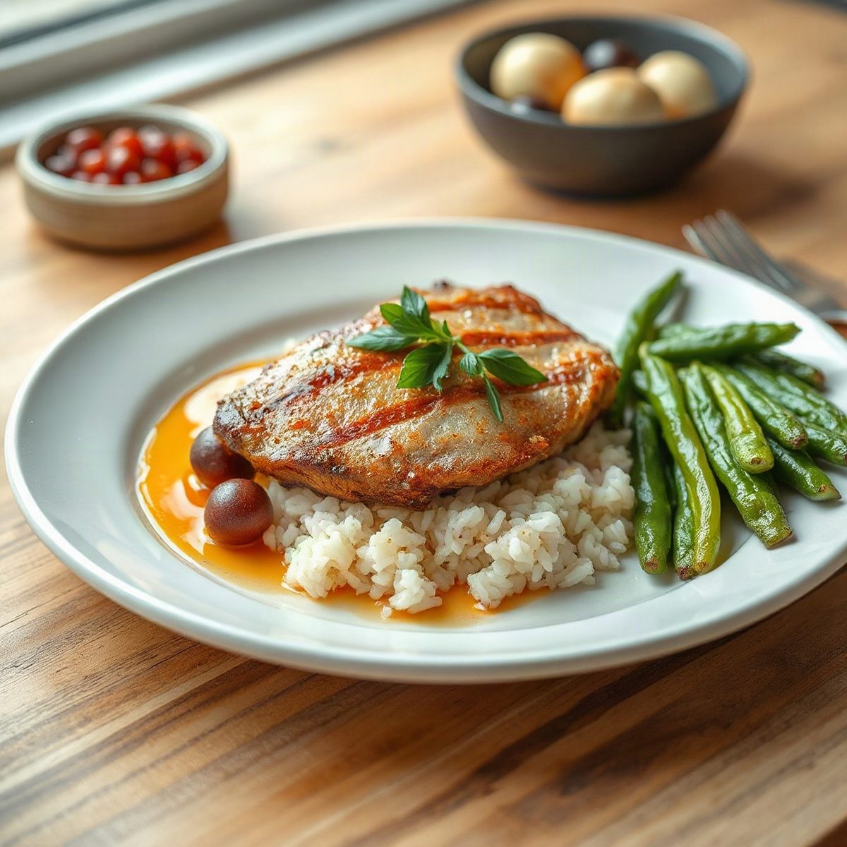 Honey-Smoked Paprika Glazed Pork Chops with Rice and Green Peppers