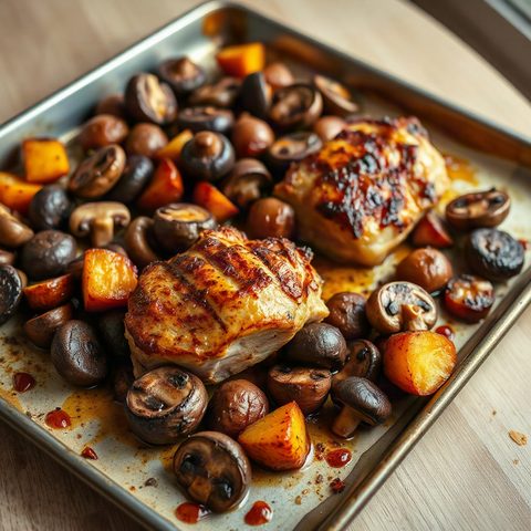 Côtelettes de porc à la crème et aux champignons, pommes de terre rôties