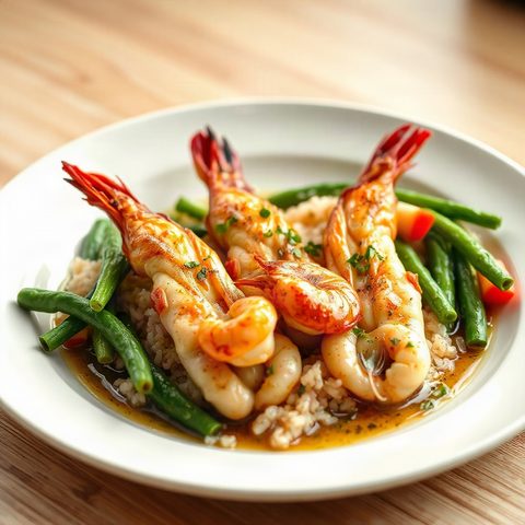 Crevettes sautées à l'ail et au chou vert sur riz