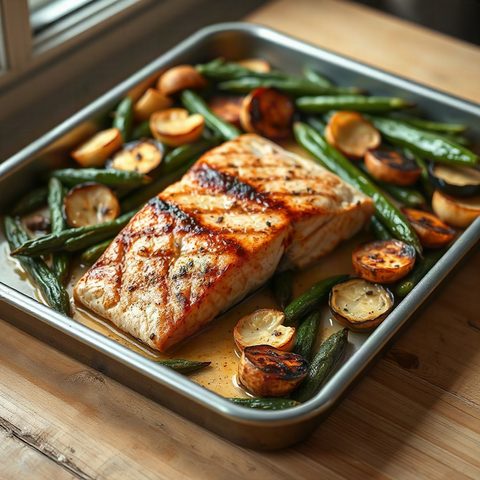 Saumon rôti au beurre citronné, haricots verts et courgettes