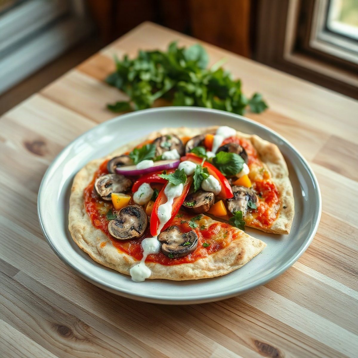 Pizzas naan aux champignons, poivrons et feta