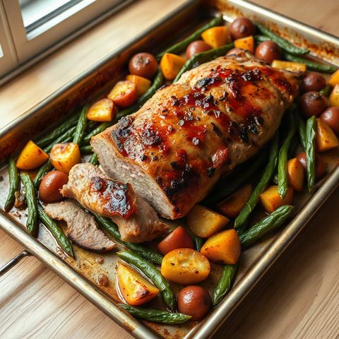 Longe de porc rôtie aux pommes et haricots verts