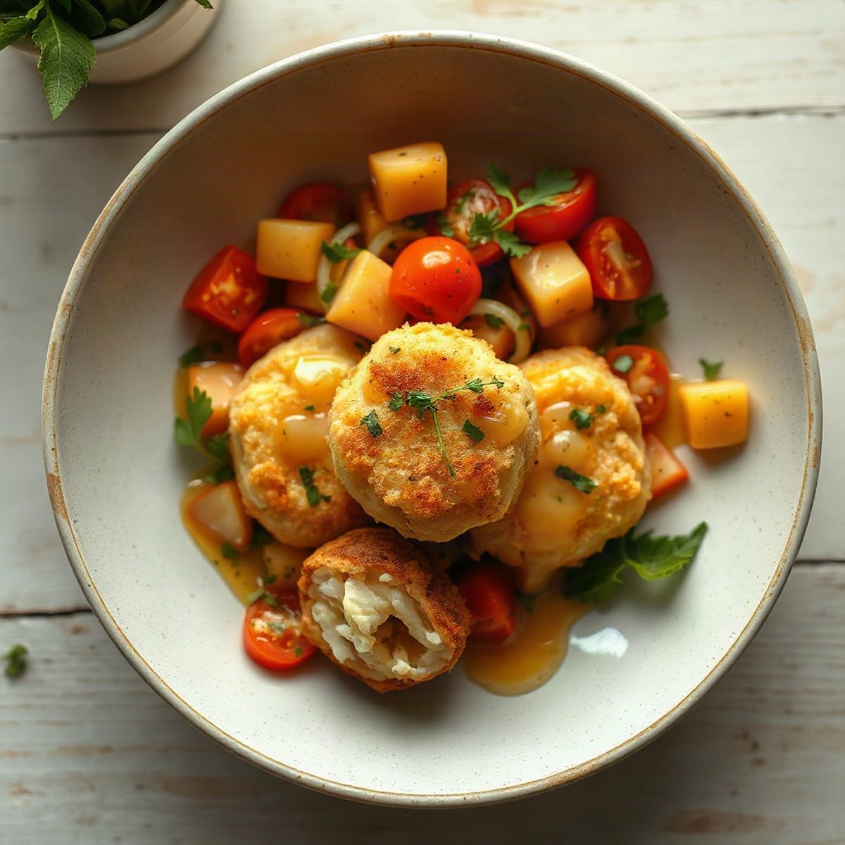 Croquettes de goberge à saveur de crabe, salade de poivrons et épinards