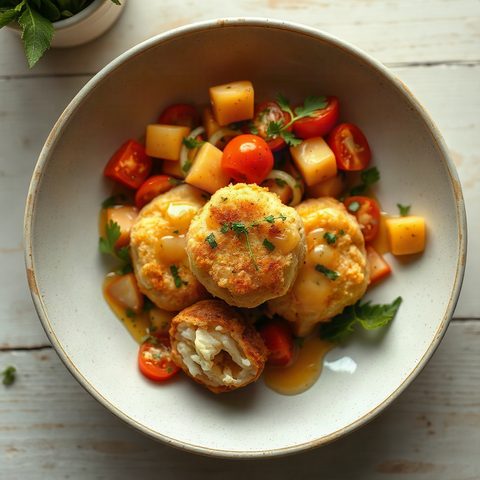 Croquettes de goberge à saveur de crabe, salade de poivrons et épinards