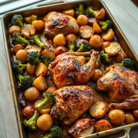 Pilons de poulet rôtis au paprika fumé, brocoli et pommes de terre