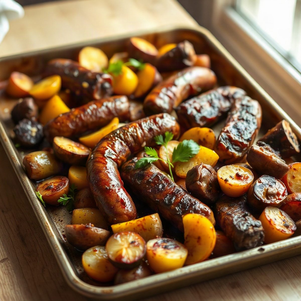 Saucisses et pommes de terre rôties au four