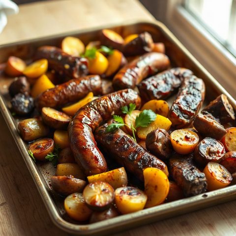 Saucisses et pommes de terre rôties au four