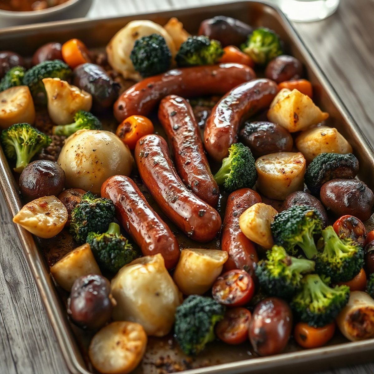 Sheet-Pan Sausages, Perogies and Broccoli Gratin