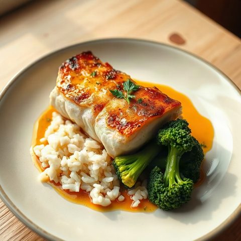 Pangasius poêlé à la menthe et au cumin, riz et brocoli
