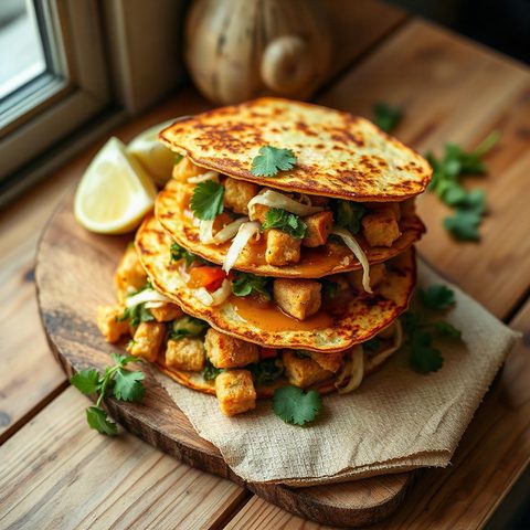 Tacos de maïs aux fèves, poivrons verts et emmental
