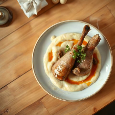 Cuisses de canard confites, purée de patates douces et chou braisé