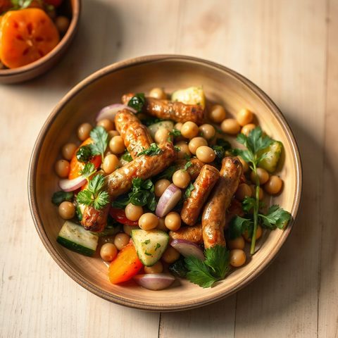 Poêlée de saucisses de seitan, courge musquée et haricots blancs