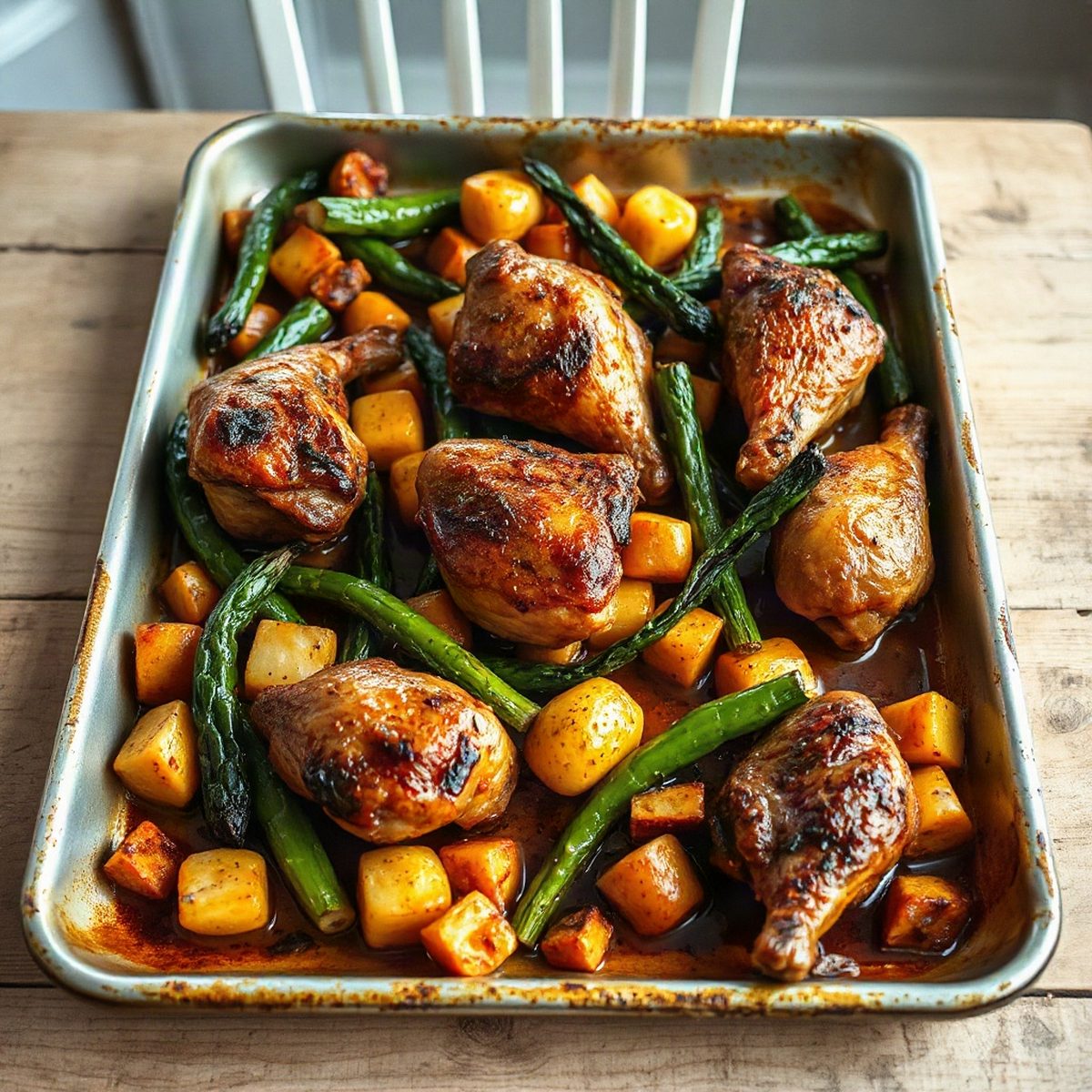 Cuisses de poulet rôties au chou vert et poivrons