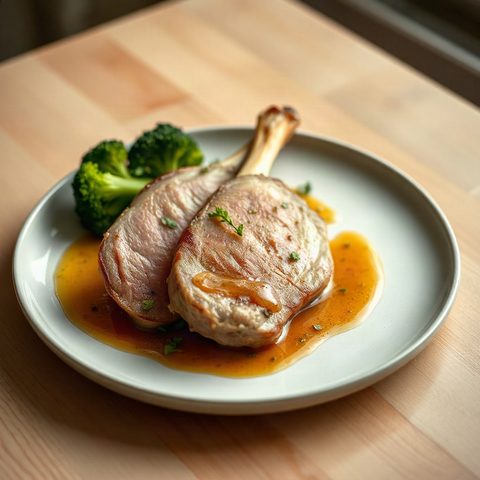 Médaillons de longe de porc, sauce miel-moutarde et brocoli