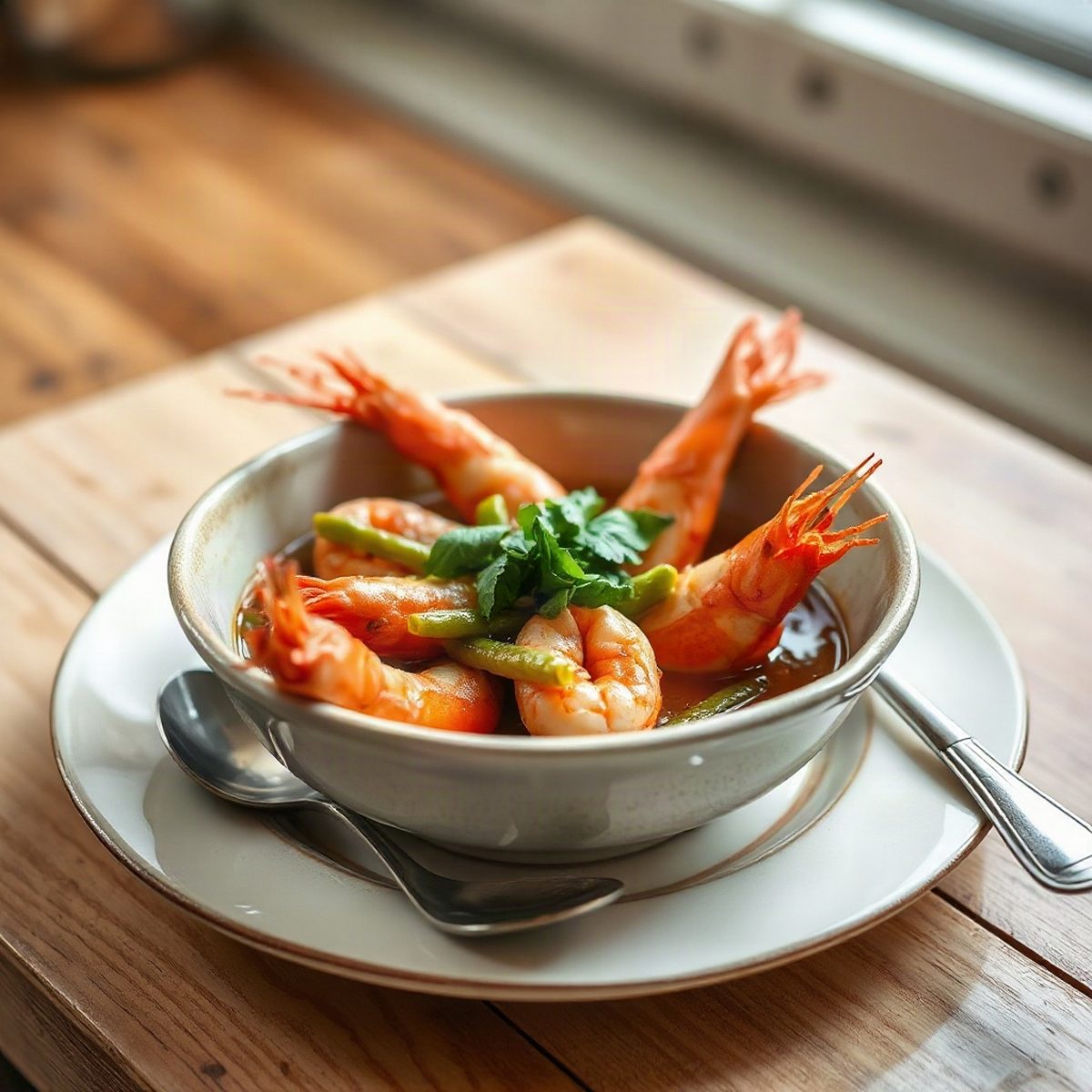 Garlic-Chili Sautéed Shrimp with Green Beans and Rice