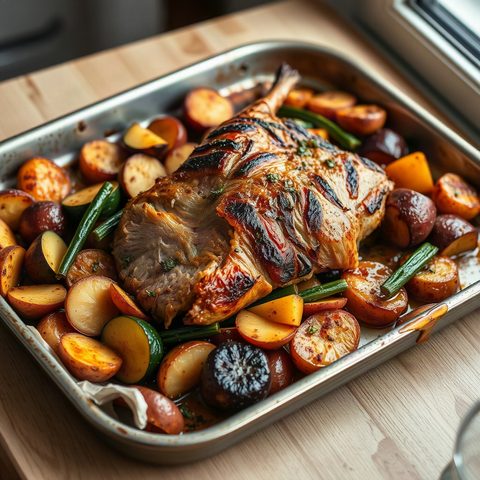 Rôti de porc braisé aux courges et pommes de terre