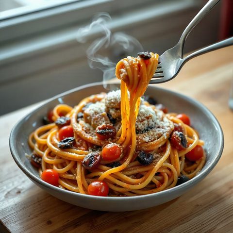 Poulet et spaghettis aux tomates raisins éclatées et mozzarella