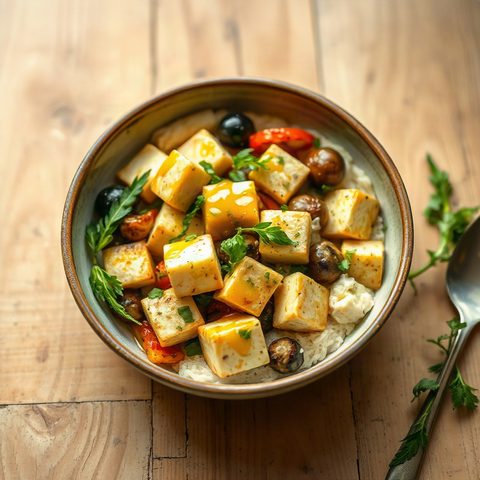 Bol de tofu glacé au miel et légumes grillés