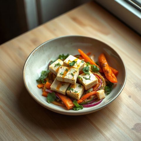 Tofu croustillant sauté aux shimeji et carottes