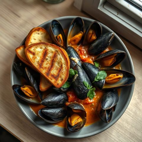 Moules à la tomate et aux poivrons, pain grillé